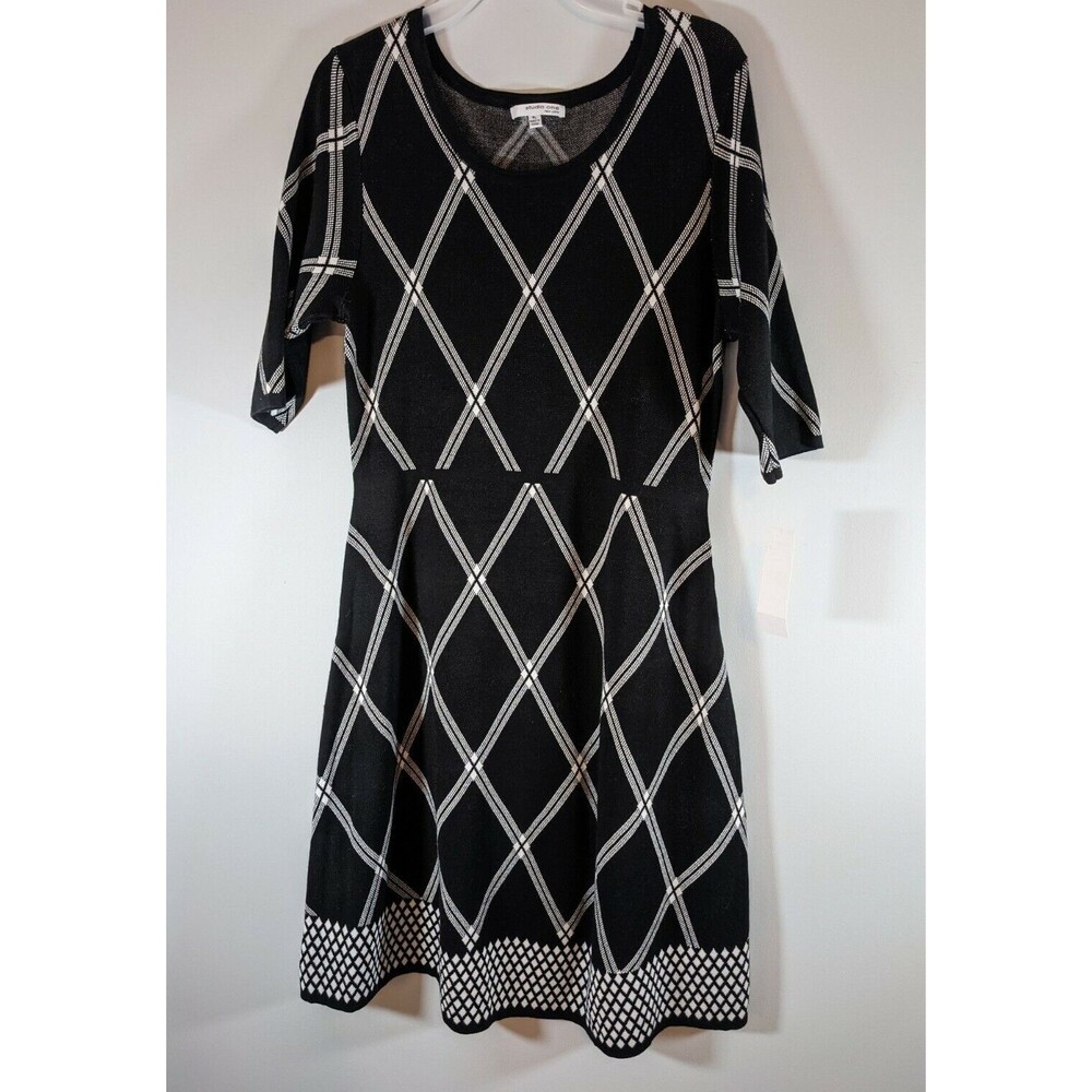 Studio One New York Women's Knit Dress Black White Geometric Size PLG NWT $72